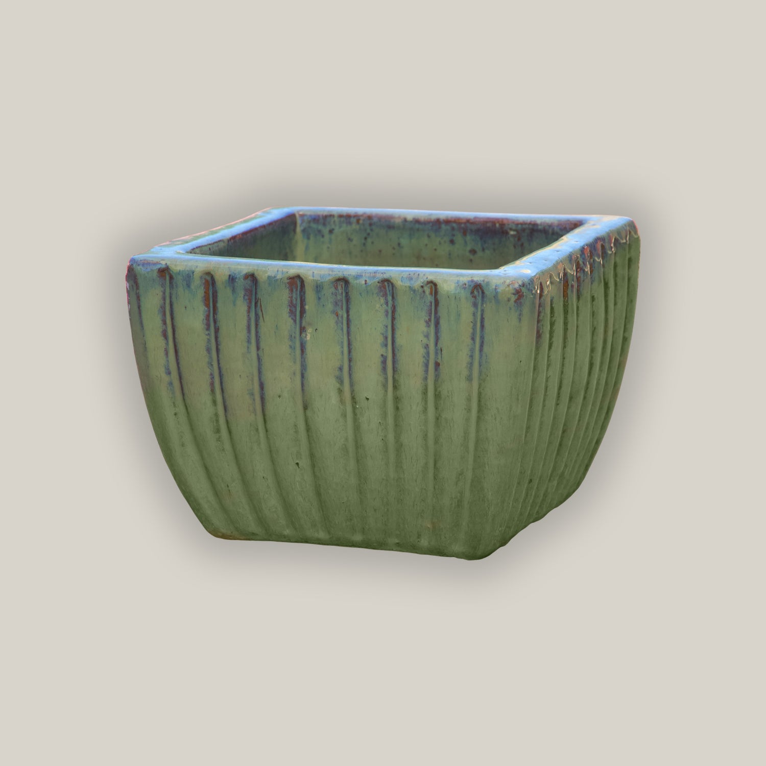 9829C18 - Gray Garden Tapered Square Ceramic Ribbed Planter - Low