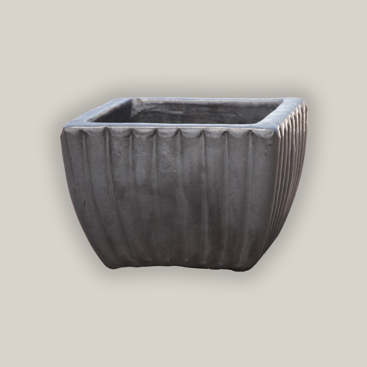 9829C8 - Matte Black Tapered Square Ceramic Ribbed Planter -  Low