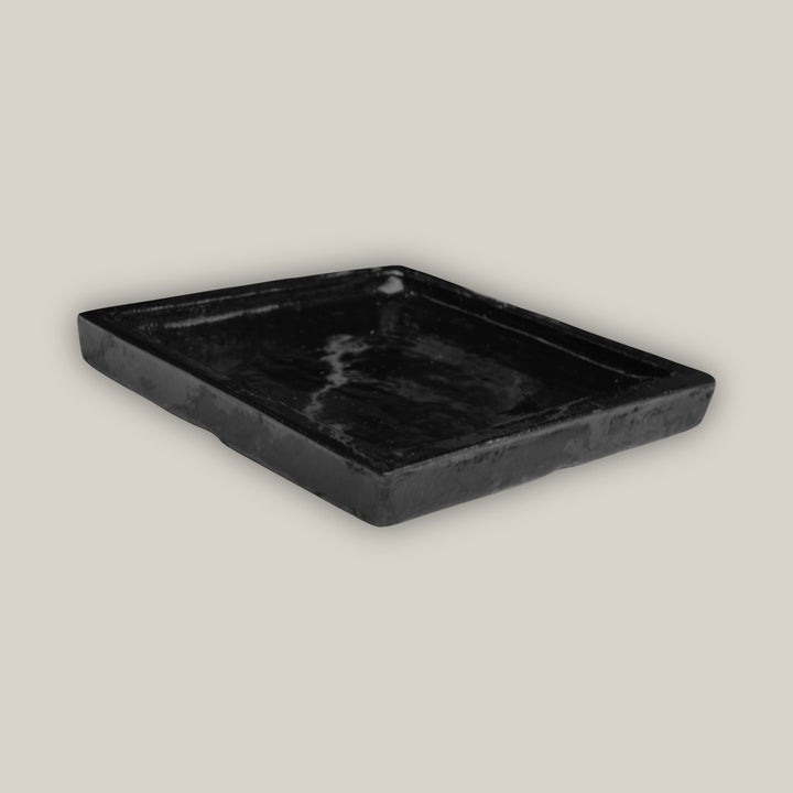 Shiny Black Square Planter Saucer - Ten Thousand Pots - side