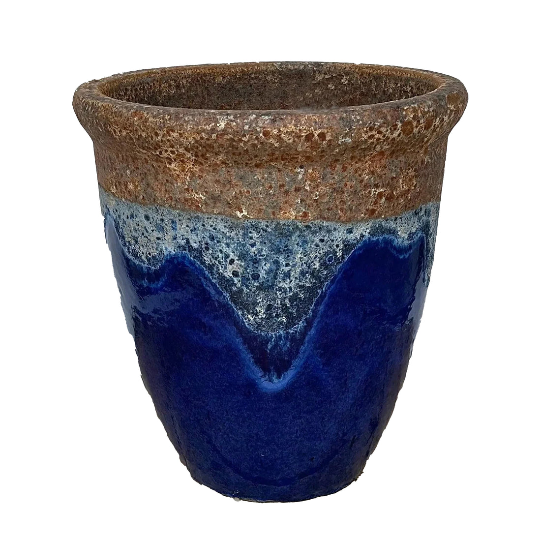 Angkor and Blue Cana pot with a flared rim, a wide bubbled copper band, and a speckled drip into deep glossy cobalt.