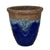Angkor and Blue Cana pot with a flared rim, a wide bubbled copper band, and a speckled drip into deep glossy cobalt.