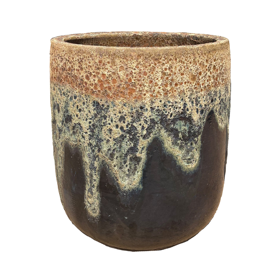 Angled front view of an Angkor and Shiny Black ceramic U pot, with a bubbled copper band melting into cream drips over a glossy black base.