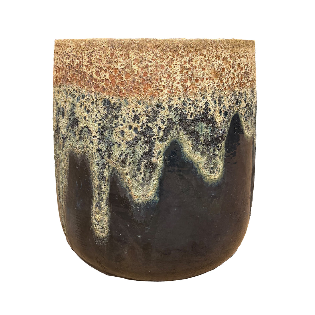 Front view of a ceramic flower U pot with a rounded base, a bubbled copper top band, and cream drips flowing into shiny black.