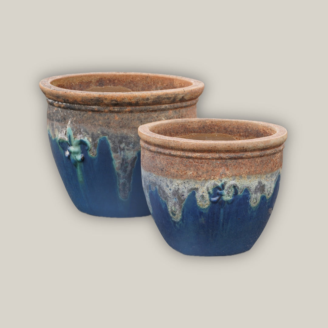 Angkor/Marble Green Fleur de Lis Double Rim Ceramic Planter - Ten Thousand Pots