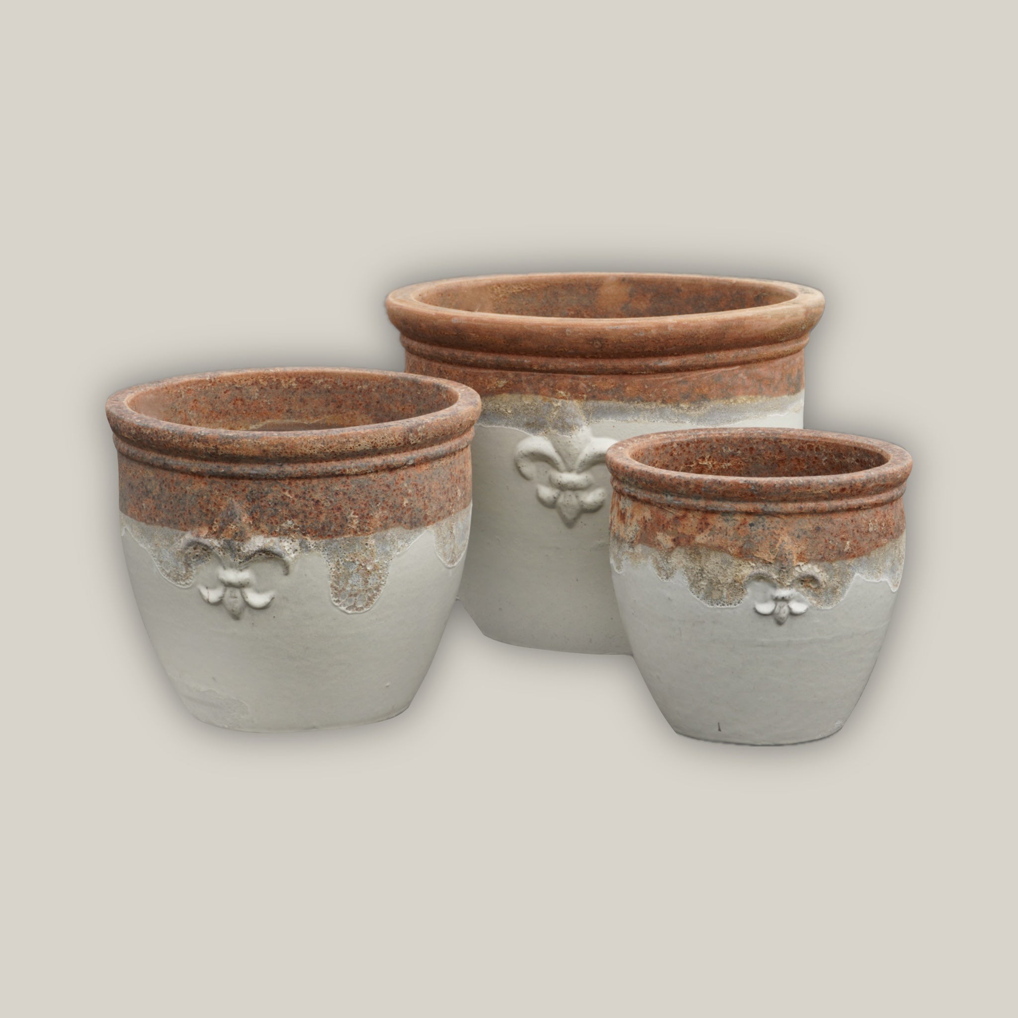 Angkor/White Fleur de Lis Double Rim Ceramic Planter - Ten Thousand Pots