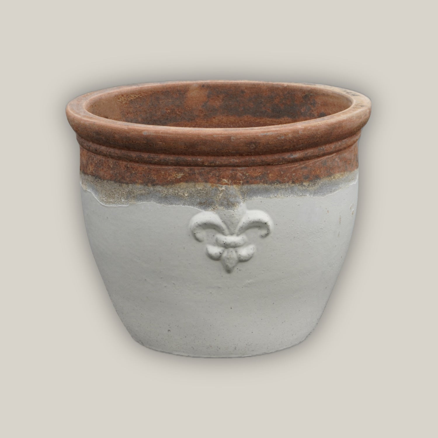 Angkor/White Fleur de Lis Double Rim Ceramic Planter - Ten Thousand Pots 1