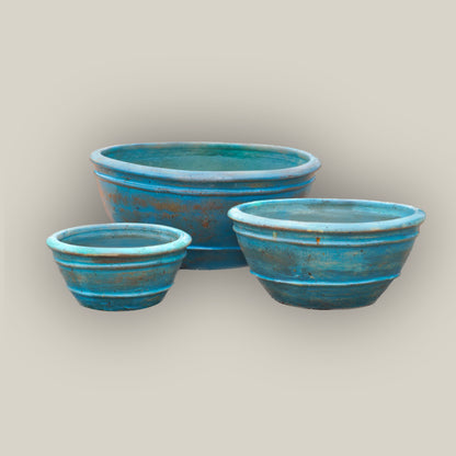 Antique Aqua Rustic Low Bowl Ceramic Planter - Ten Thousand Pots group b