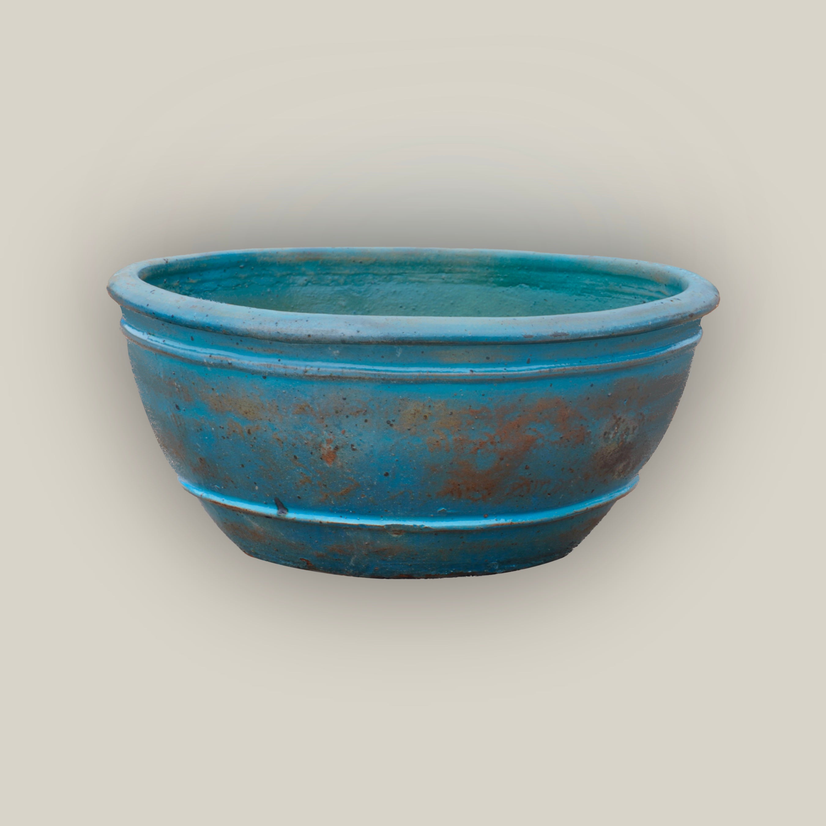 Antique Aqua Rustic Low Bowl Ceramic Planter - Ten Thousand Pots