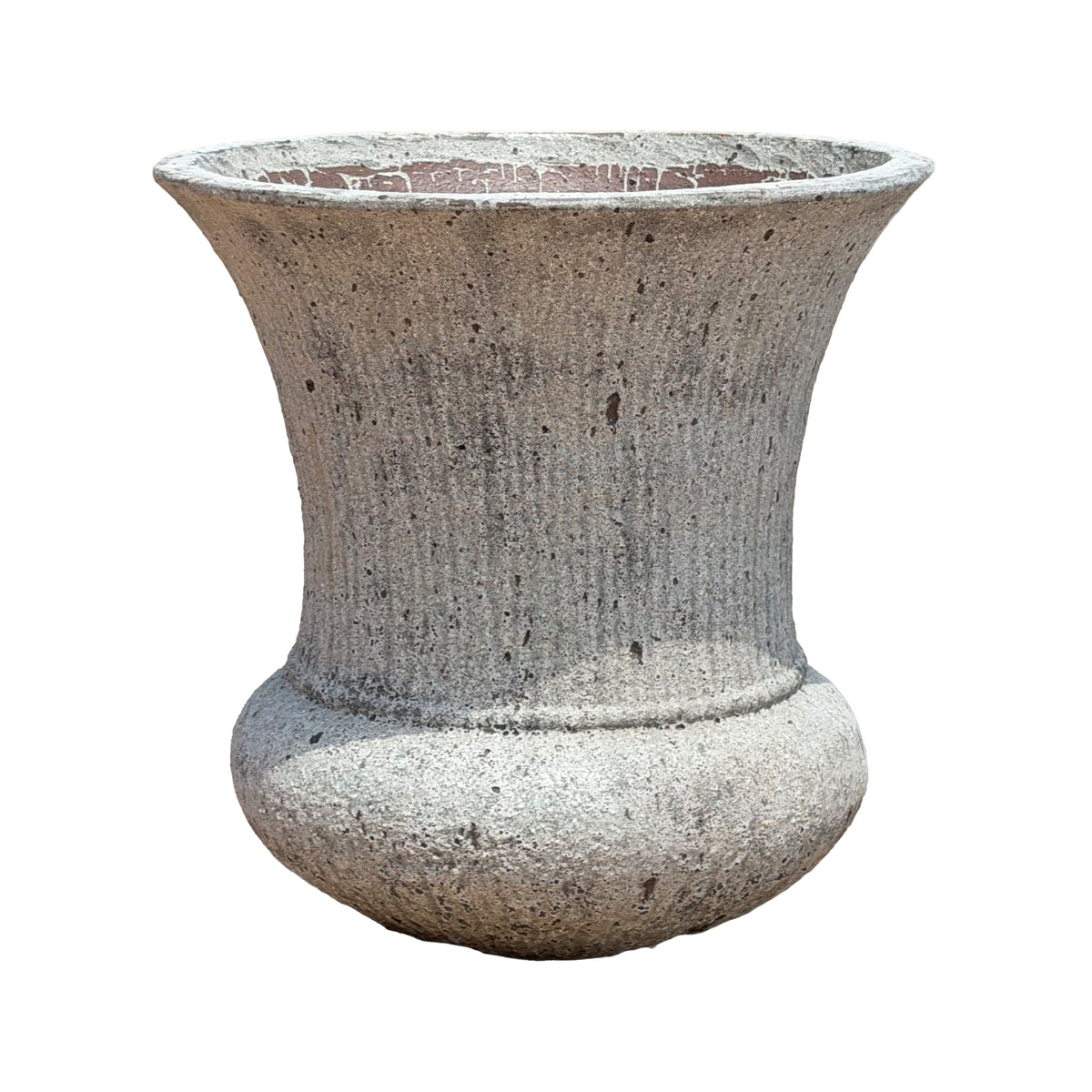 Atlantis White Fluted Urn Ceramic Planter, angled to reveal its terracotta-lined interior, showcasing a classic urn silhouette with a flared fluted rim, ribbed vertical texture along the body, a tapered waist, and a rounded bulbous base in a softly weathered white stone finish.