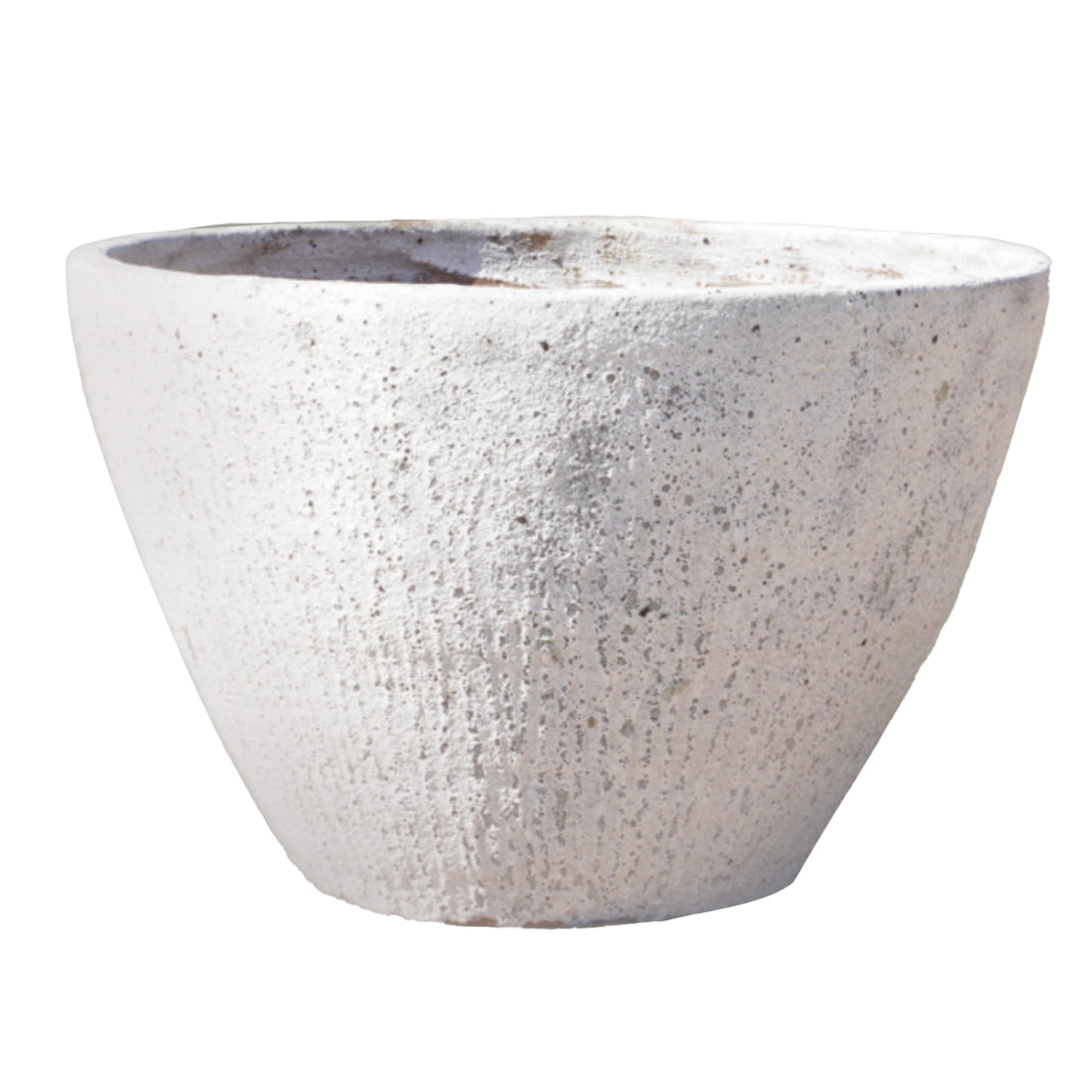 An Atlantis White Rustic Giant Cone Ceramic Planter tilted to reveal a hint of warm terracotta inside, its chalky white exterior streaked with soft grey mineral texture for an aged, sun-bleached look.