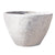 An Atlantis White Rustic Giant Cone Ceramic Planter tilted to reveal a hint of warm terracotta inside, its chalky white exterior streaked with soft grey mineral texture for an aged, sun-bleached look.