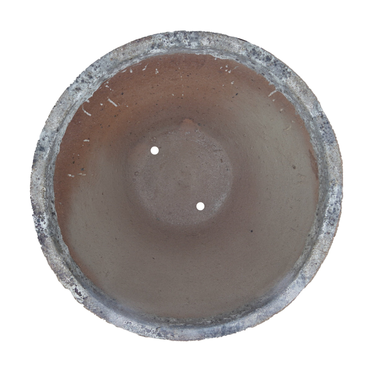 Looking down into the Atlantis White Rustic Giant Cone Ceramic Planter, its earthy terracotta-brown interior framed by a rugged, whitewashed rim with subtle grey shading.
