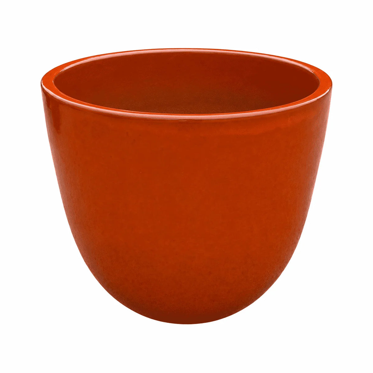 Angled view of an atomic orange tapered round ceramic planter, showing its smooth glossy red-orange finish, a clean rounded rim and a matching orange interior