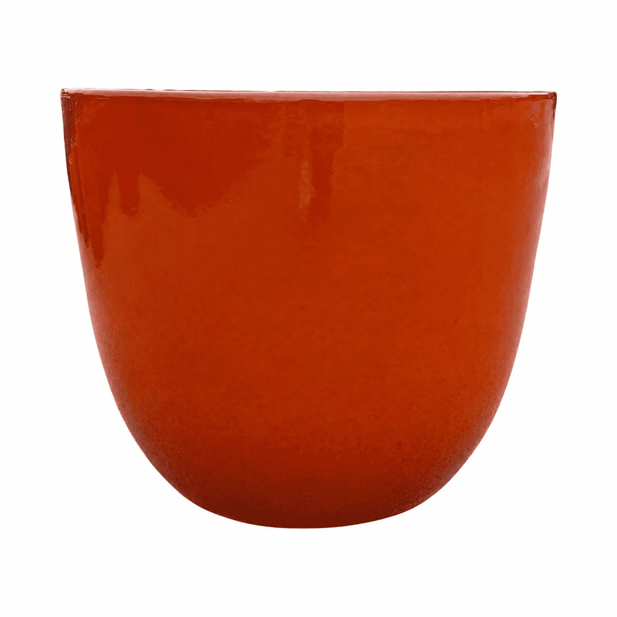 Front view of an atomic orange tapered round ceramic planter with a rounded body that narrows toward the base, finished in a glossy red-orange glaze with soft darker drips near the rim