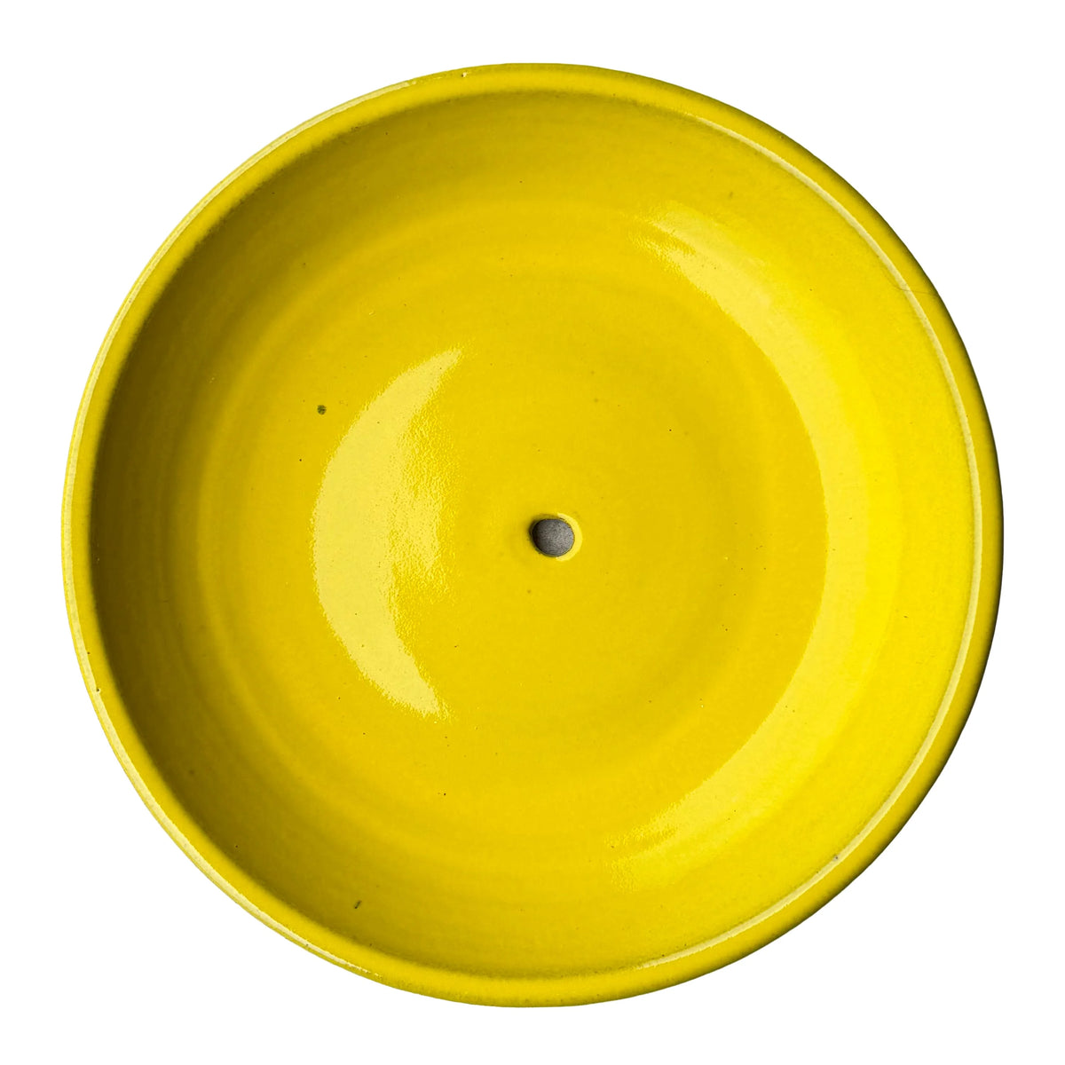 Top-down view inside an atomic yellow ceramic succulent bowl, with a smooth high-gloss lemon-yellow glaze, a raised rim and a single drainage hole in the center
