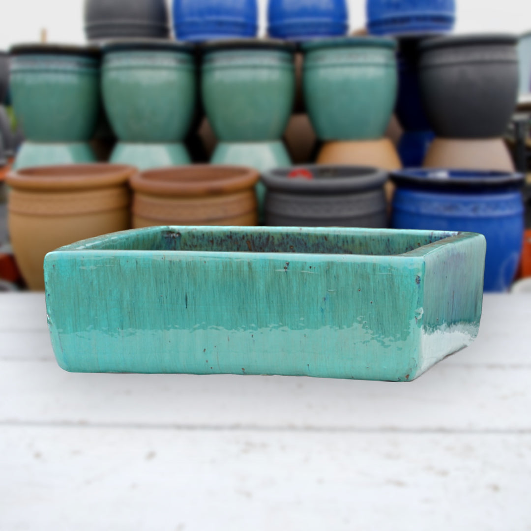 Aqua Low Square Ceramic Planter-FREE SHIPPING