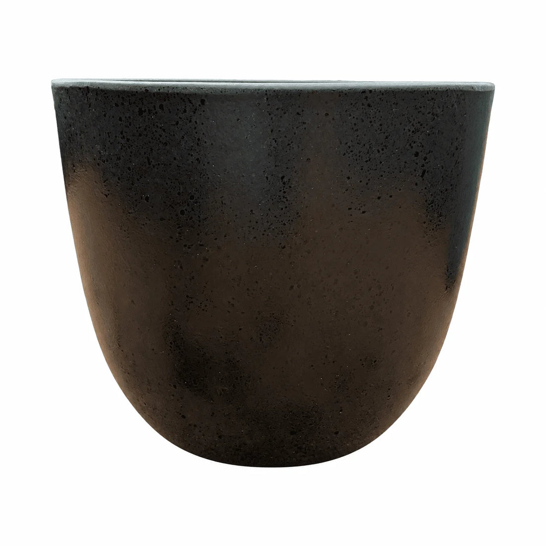 Front view of a black tapered round ceramic planter with a rounded body that narrows toward the base, finished in a dark satin glaze with a fine pitted, stone-like texture