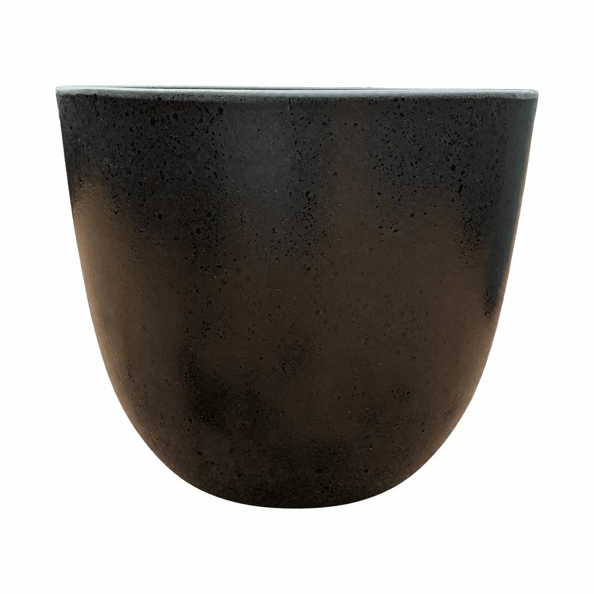 Front view of a black tapered round ceramic planter with a rounded body that narrows toward the base, finished in a dark satin glaze with a fine pitted, stone-like texture