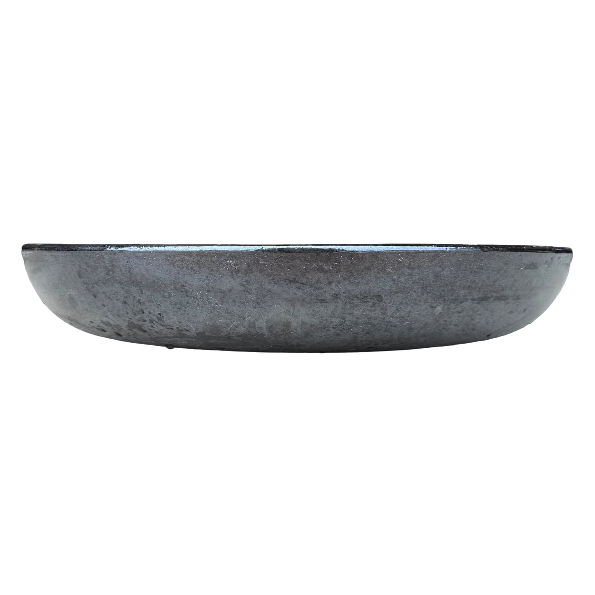Front view of a shallow, rounded black ceramic succulent bowl with a mottled charcoal exterior and a glossy dark rim
