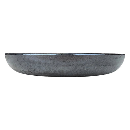 Front view of a shallow, rounded black ceramic succulent bowl with a mottled charcoal exterior and a glossy dark rim