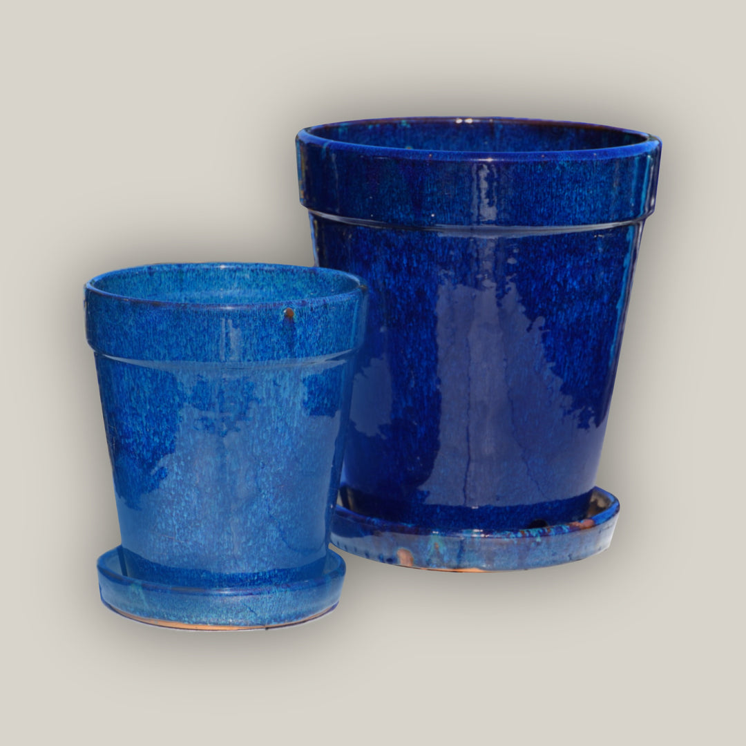 Blue Round Ceramic Planter with Saucer