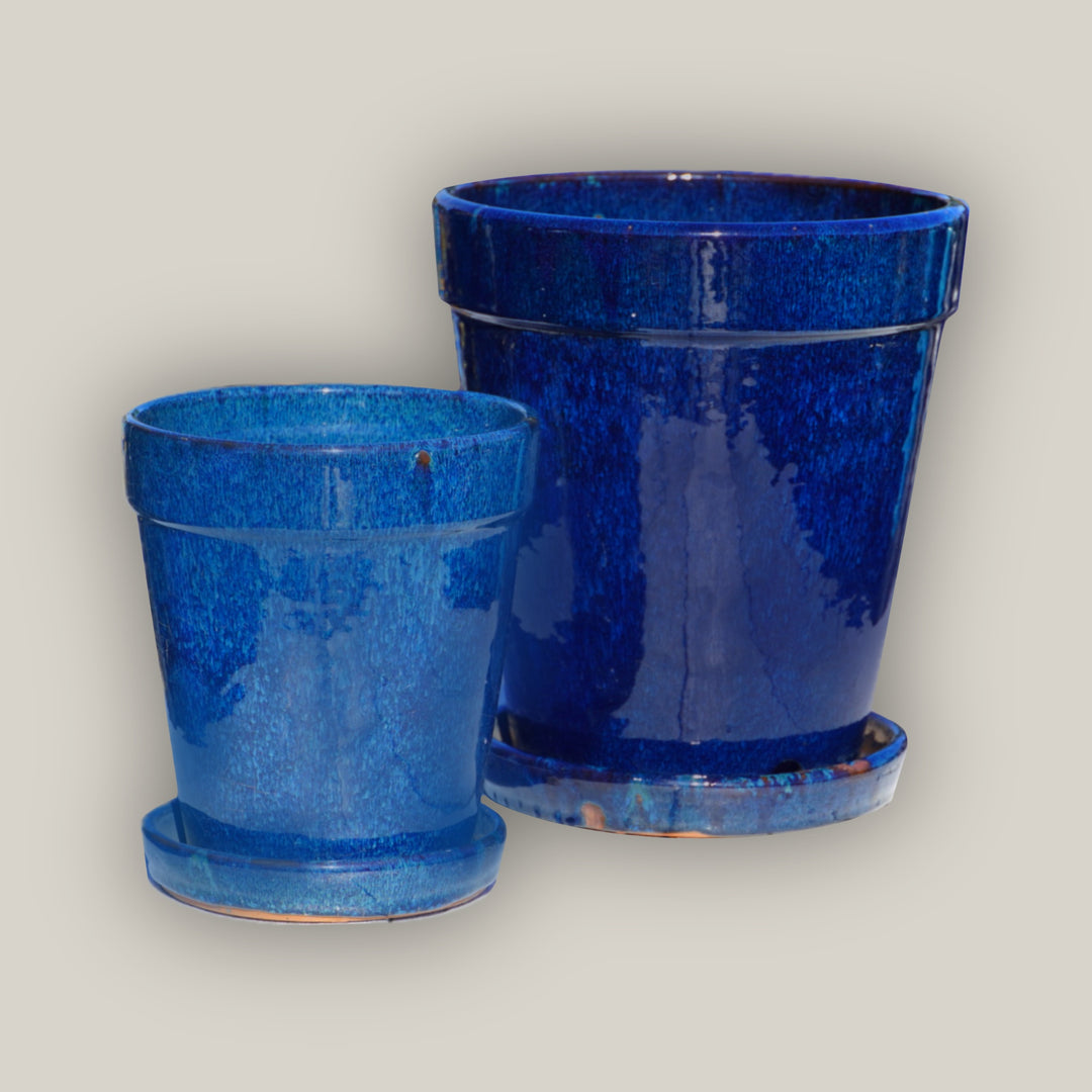 Double Blue Round Ceramic Planter with Saucer