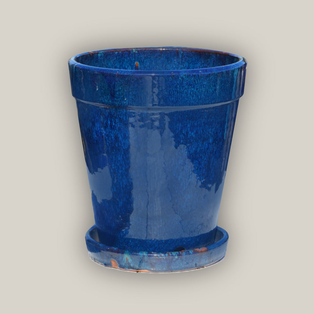 Blue Round Ceramic Planter with Saucer