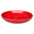 Angled view of a wide, shallow bright red ceramic succulent bowl with a vivid glossy interior, a rounded rim and a central drainage hole