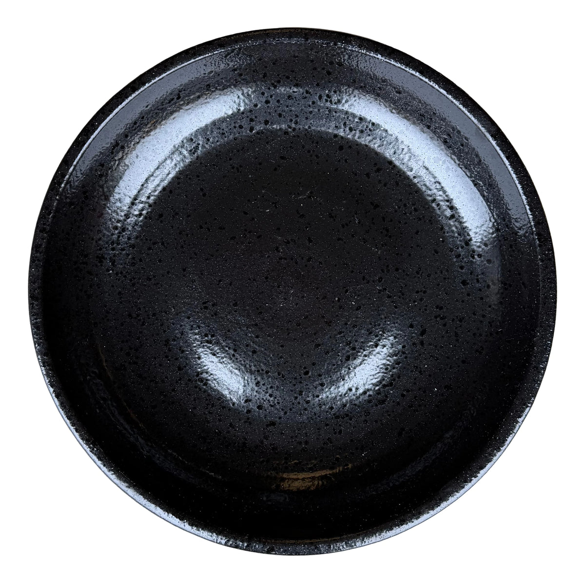 Top-down view of a Black Tiger ceramic bird bath bowl, showing a glossy black basin covered in fine dark speckles.