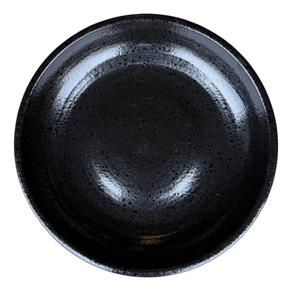 Top-down view of a Black Tiger ceramic bird bath bowl, showing a glossy black basin covered in fine dark speckles.