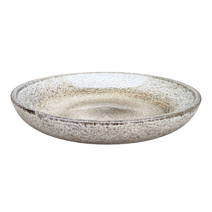 Speckle Black ceramic bird bath bowl, slightly angled from above to reveal its glossy taupe basin and speckled black outer wall.