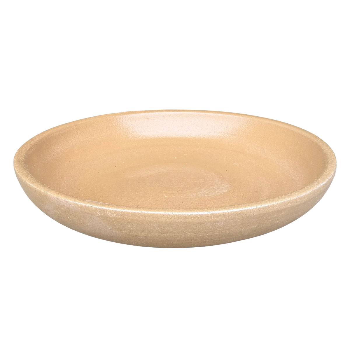 Yellow Spray ceramic bird bath bowl, slightly angled from above to show its shallow basin and soft mustard-tan glaze.