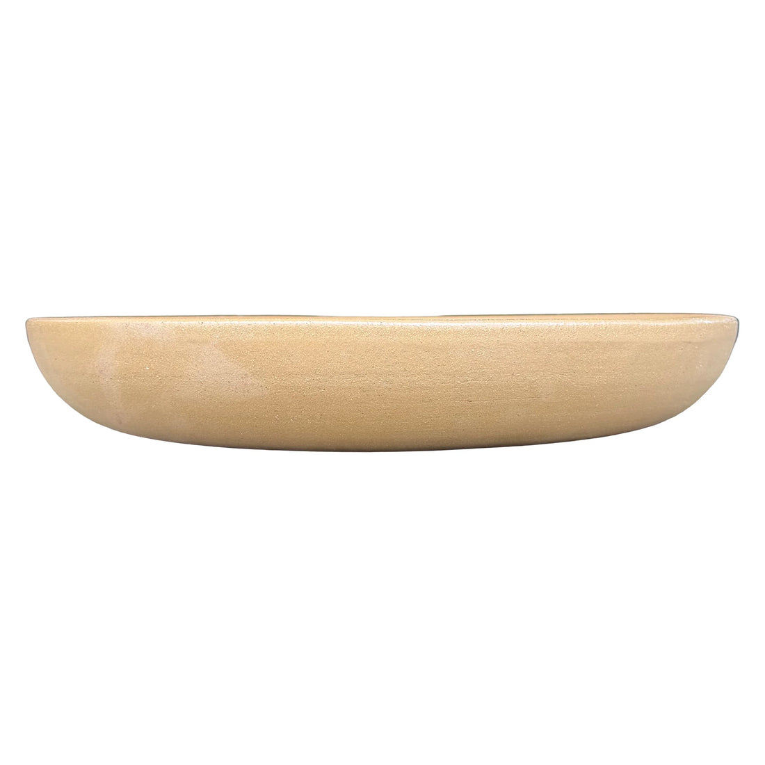 Eye-level front view of a shallow warm beige bird bath bowl, with a low rounded profile and a smooth, finely textured finish.