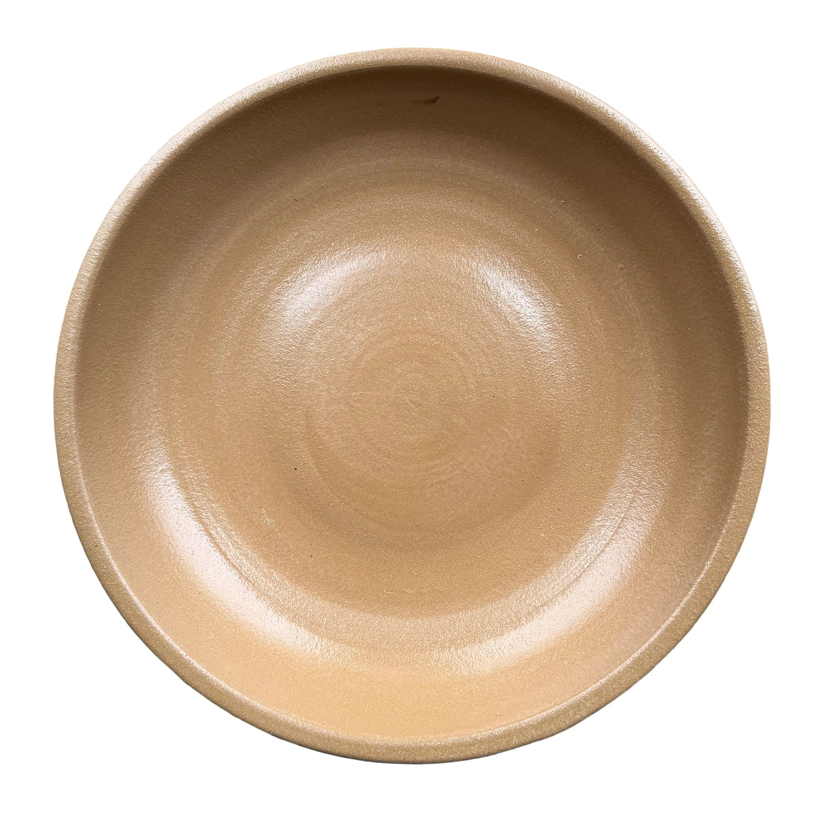 Top-down view of a Yellow Spray ceramic bird bath bowl, showing a wide sandy tan basin with a satin finish and faint throwing rim.