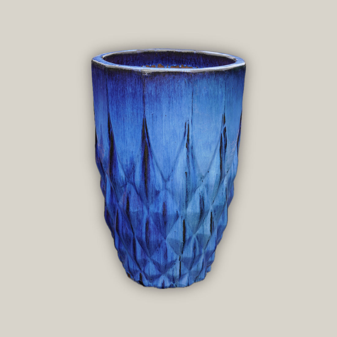 Cobalt blue round planter pot with pineapple design