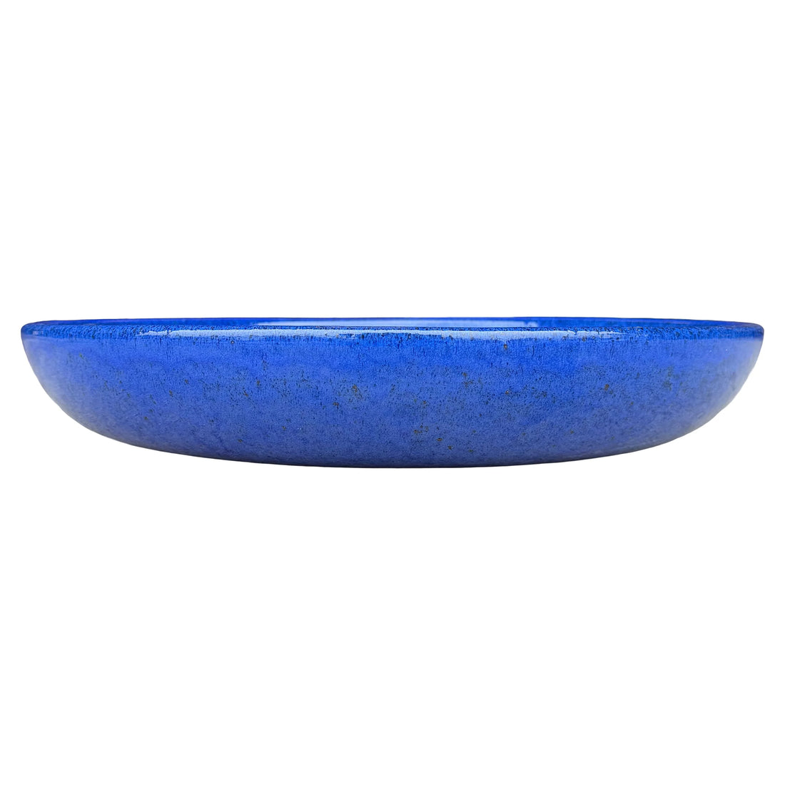 Eye-level front view of a shallow cobalt blue succulent bowl, with a low rounded profile and a speckled glaze flecked with brown.