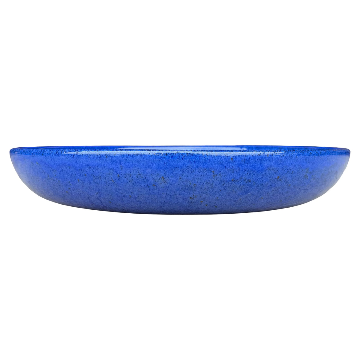 Eye-level front view of a shallow cobalt blue succulent bowl, with a low rounded profile and a speckled glaze flecked with brown.