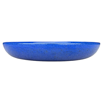 Eye-level front view of a shallow cobalt blue succulent bowl, with a low rounded profile and a speckled glaze flecked with brown.