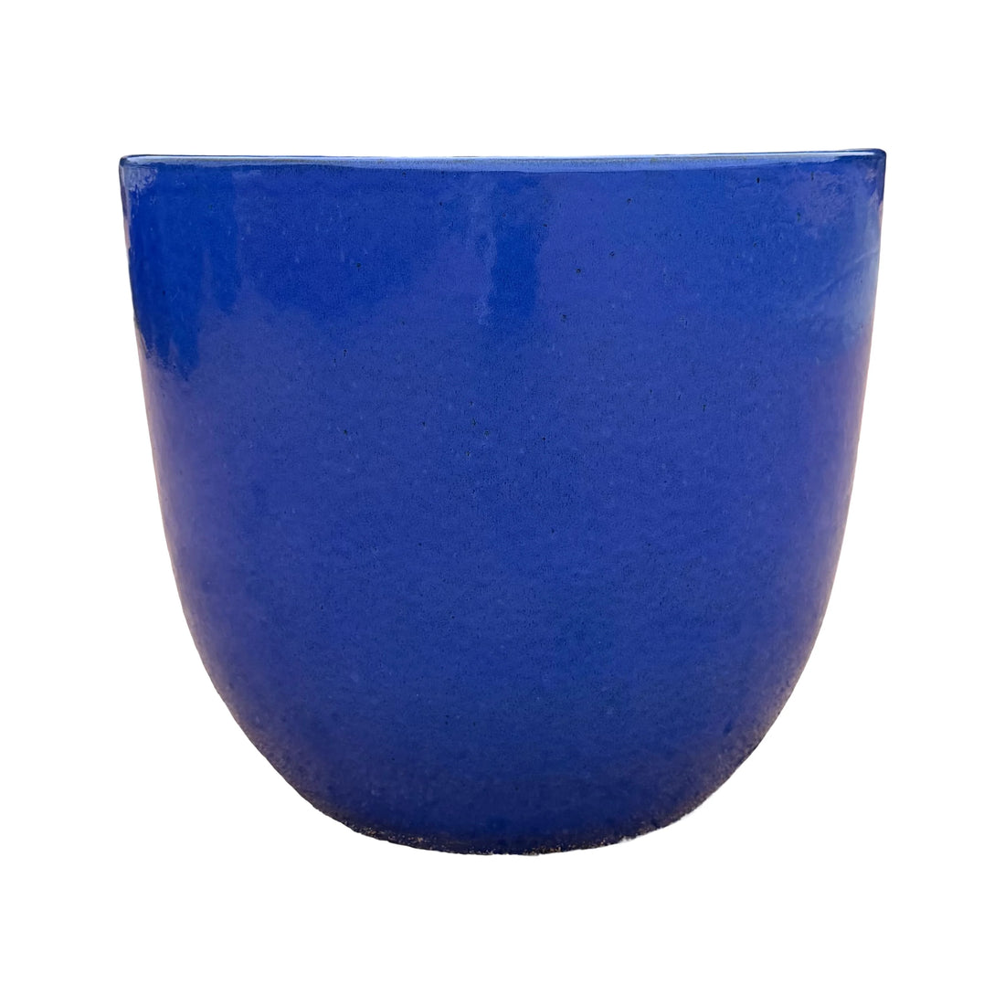 Front view of a blue tapered round planter with a rounded, gently tapering body in glossy royal-blue glaze, finished with fine dark speckles