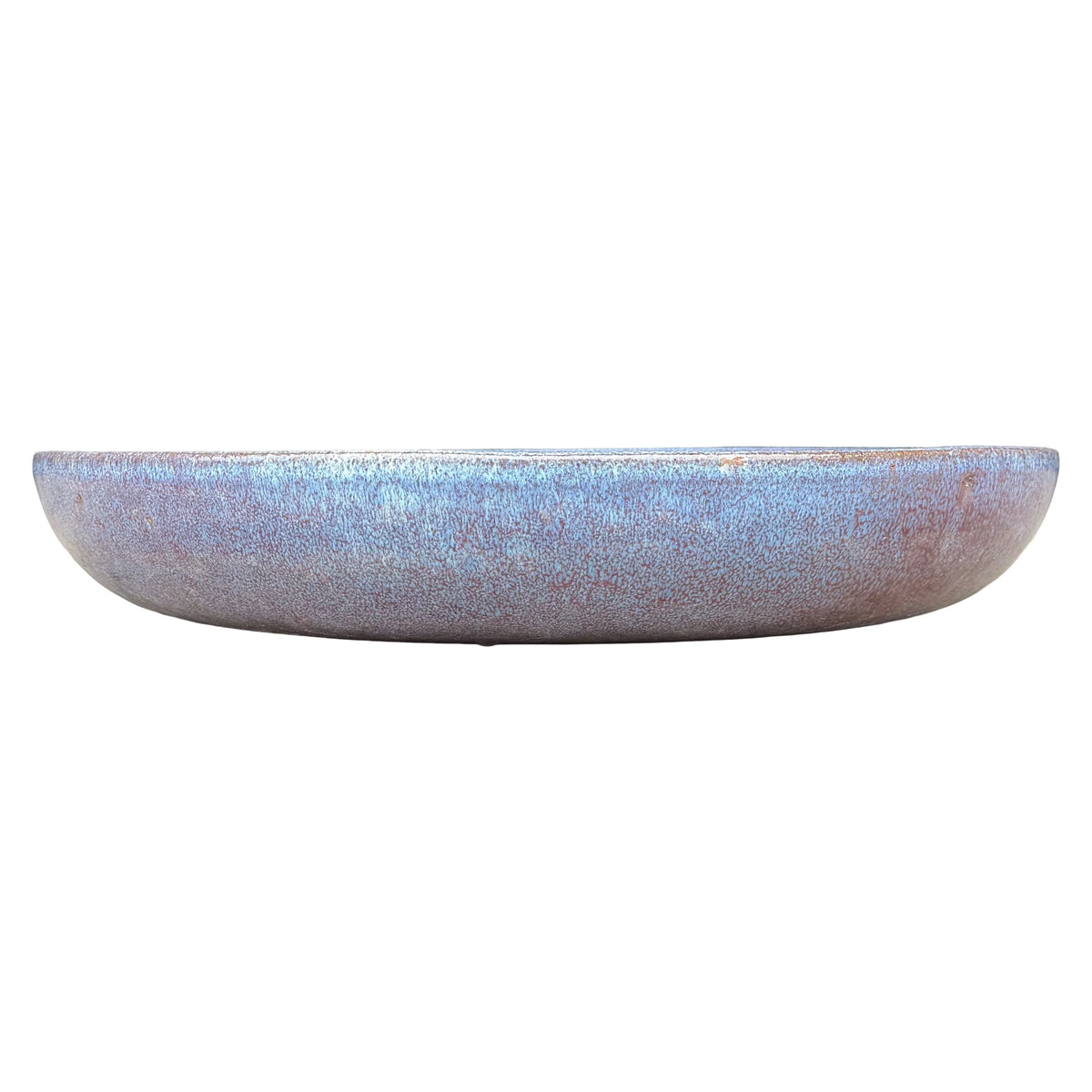 Front view of a shallow, rounded falling purple ceramic succulent bowl with a finely mottled glaze of periwinkle blue over reddish purple
