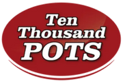 Ten Thousand Pots logo, with the name in bold white lettering on a glossy red oval