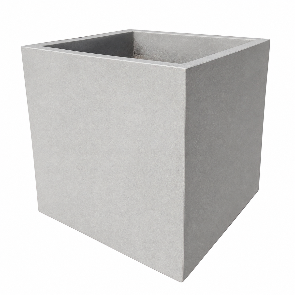 Straight-on view of the Gray Fiberstone Square Box Planter, showcasing its minimalist cube shape and sleek, matte grey fiberstone finish with a subtle speckled texture.