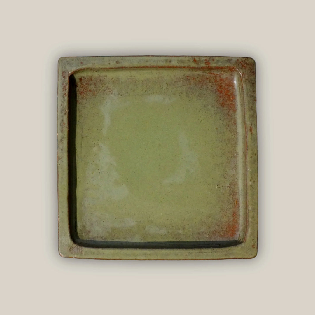 Square | Green Cream Ceramic Plant Saucer | High Fired Ecofriendly Clay - Sizes 7"-15" - Free Shipping