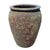 Large round Rainforest Spring ceramic jar planter from above, with a rolled rim and cratered mustard, olive, and red glaze.