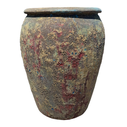 Front view of a large ceramic jar planter with full rounded shoulders, crimson streaks, and tiny teal speckles over olive.