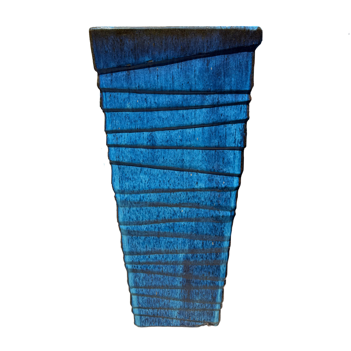 Front view of a tall ribbed square planter with a turquoise-to-cobalt blue glaze darkening to brown along the rim.