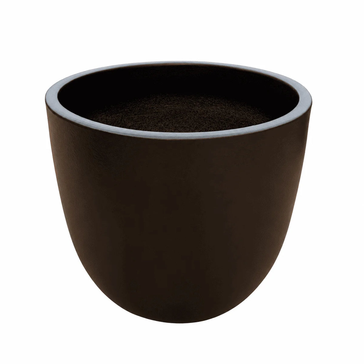 Angled view of a matte black tapered round ceramic planter, showing its clean rounded silhouette, a smooth rim and a dark textured interior