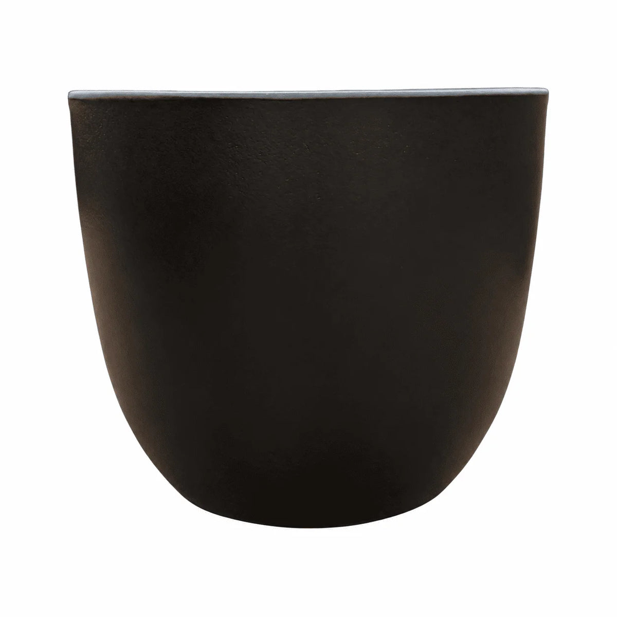 Front view of a matte black tapered round ceramic planter with a smooth, rounded egg-like body that narrows gently toward the base