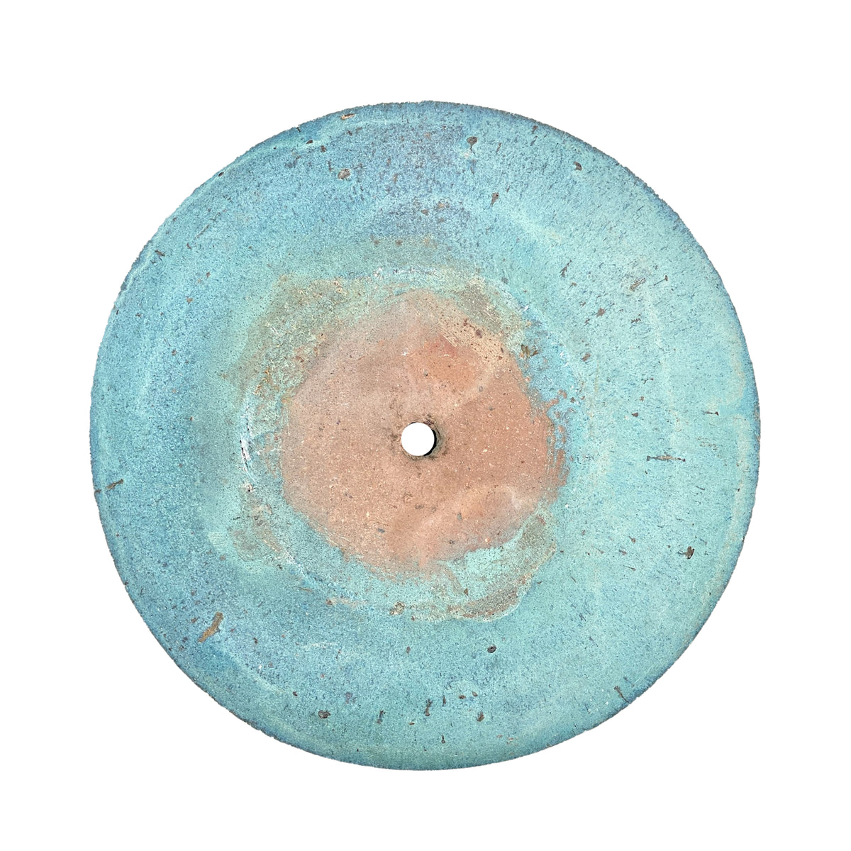 Underside of the Matte Green Rustic Style Wide Bowl, showing a blush terracotta base and drainage hole surrounded by the same matte teal-green glaze as the rest of the piece.