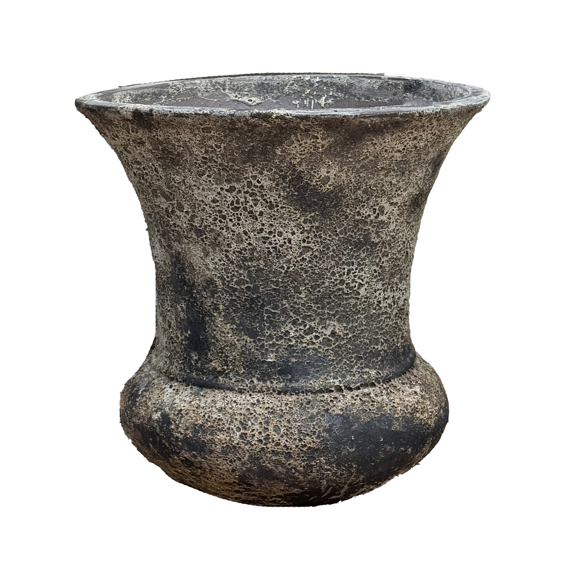 Angled view of a fluted urn-style ceramic planter in soft weathered white glaze with a rounded, bulbous base